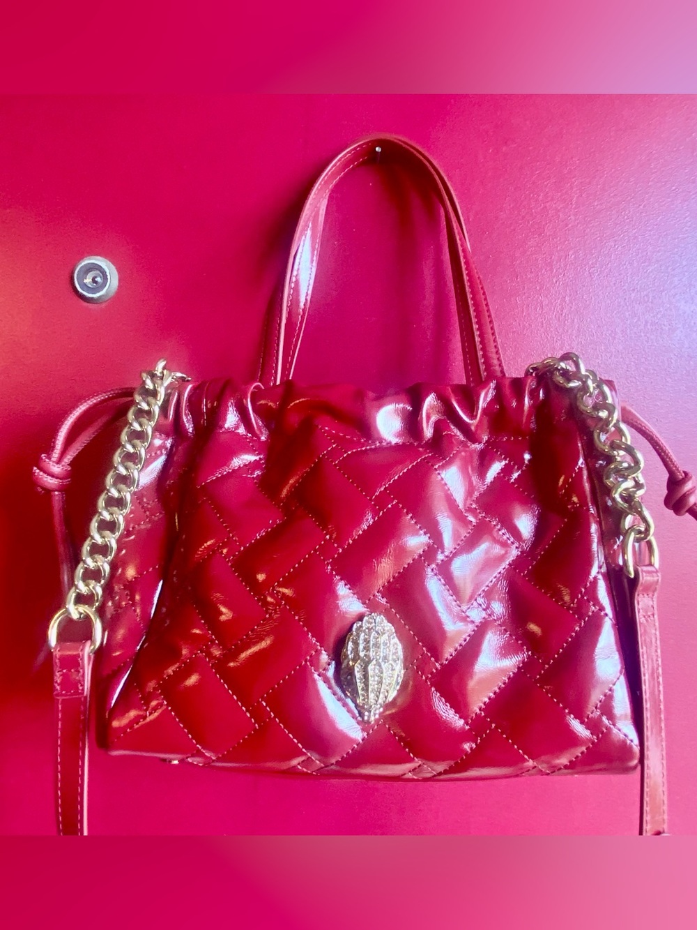 Kurt Geiger gorgeous Red Quilted Patent leather small kensington drawstring NWT